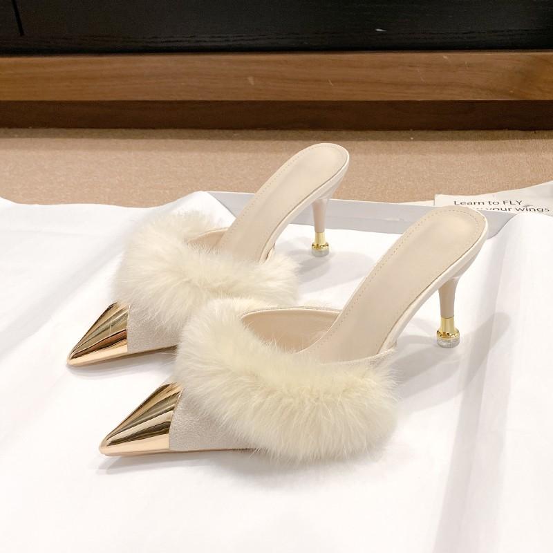 

Модная женская обувь на высоком каблуке, слипоны, oes 2025, Новая, Sle, для улицы, Универсальные, с острым носком, на тонком каблуке, Мюли с закрытым носком, тапочки 35 бежевый