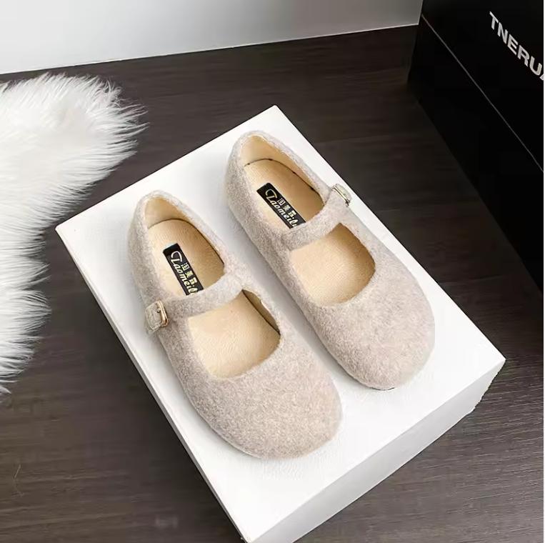 Square Toe Felt Woolen Mary Janes Woman Tabis Flats Cotton Shoes Ladies Winter Strap Buckle Loafers Female Boots Furry Mocasines