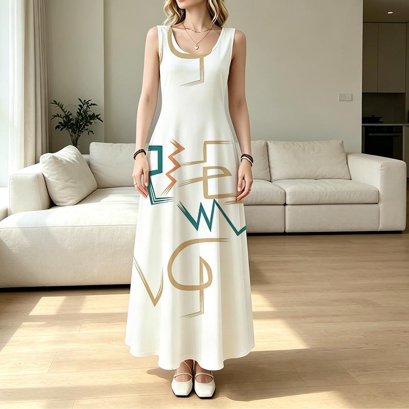 Women's Sleeveless Maxi Dress,Minimalist Geometric Pattern,Loose Fit Comfy Fabric For Beach Vacation,Daily Commute,Date & Casual Shopping
