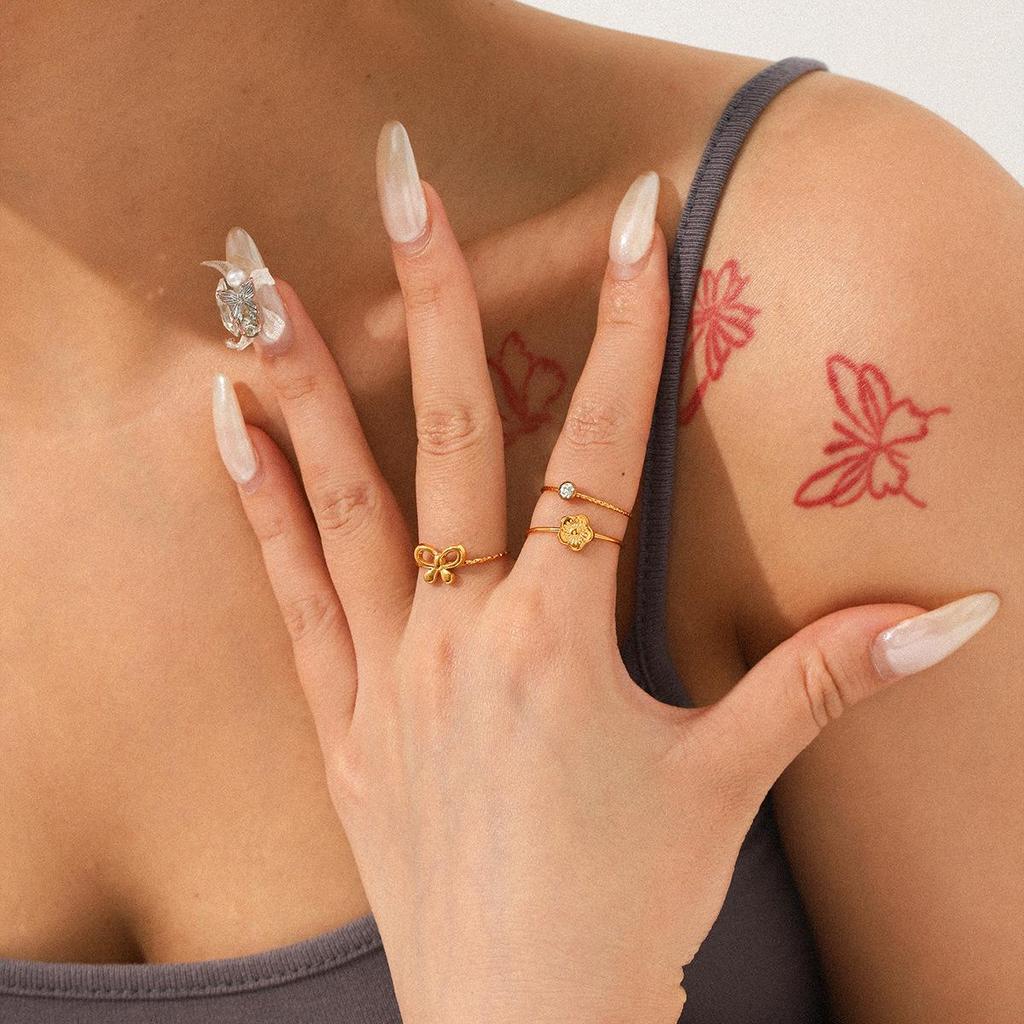 Stainless Steel Open Ring with Bow & Flower Design - French Elegant Style