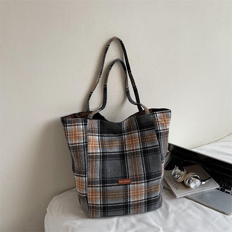 Korean Style Plaid Woolen Tote Bag - Large Capacity & Versatile for Winter 2025