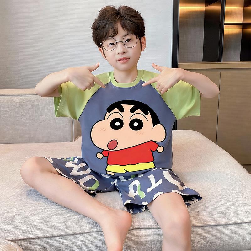 2026 Summer Boys' Nezha Cartoon Pajama Set - Round Neck, Short Sleeve, Lightweight Two-Piece for Indoor/Outdoor Wear.
