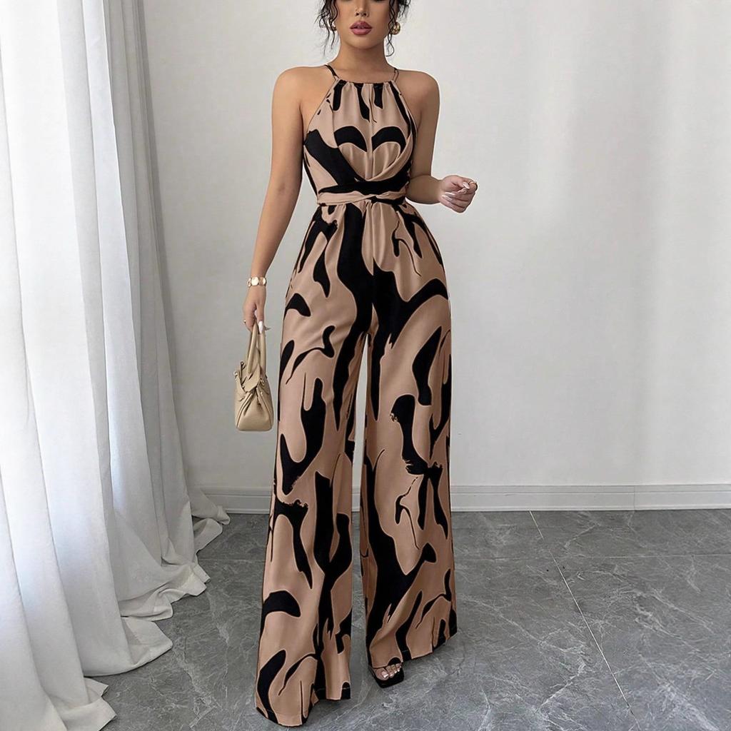 Women's Halter Neck Sleeveless Printed High Waist Wide Leg Jumpsuit Casual Summer Romper