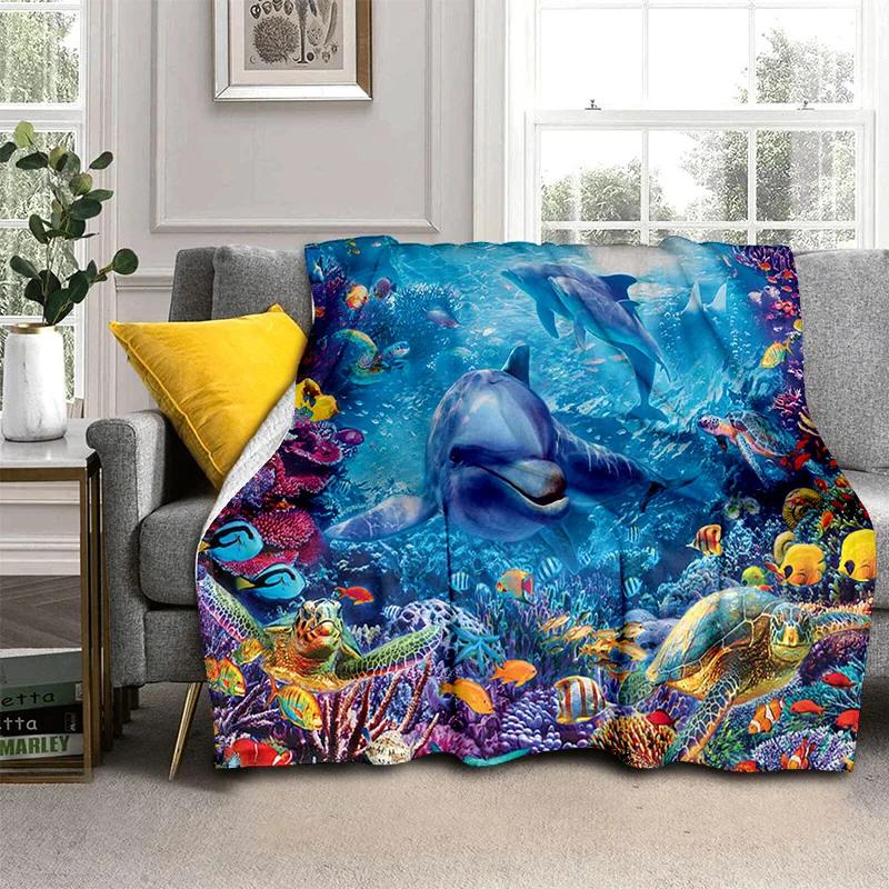 3D Underwater World Seabed Cartoon Blanket,Soft Throw Blanket for Home Bedroom Bed Sofa Picnic Travel Office Cover Blanket Kids