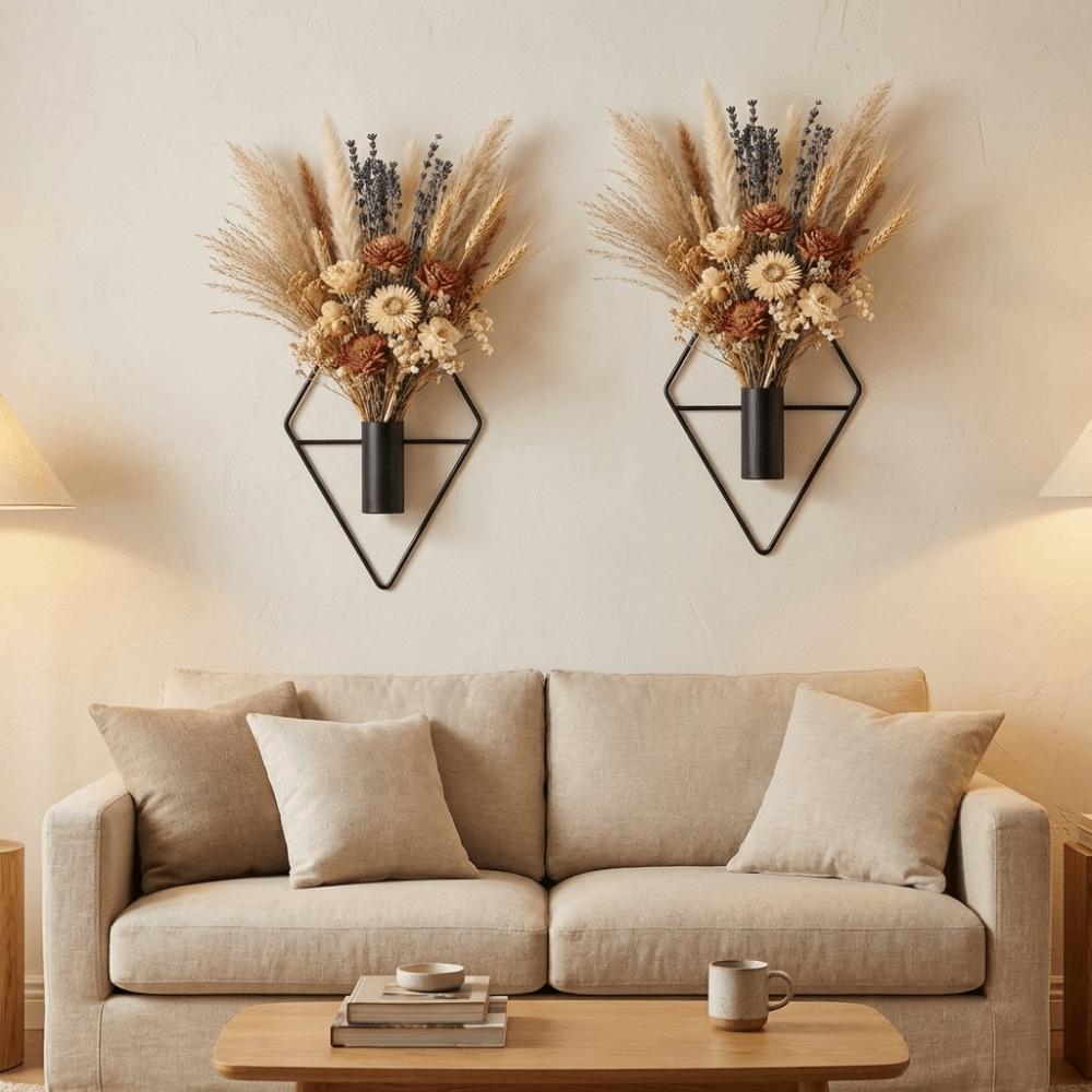 2PCS Iron Wall Hanging Vase Decorative Dried Flower Holder Modern Wall Mount Flower Vase  Bedroom