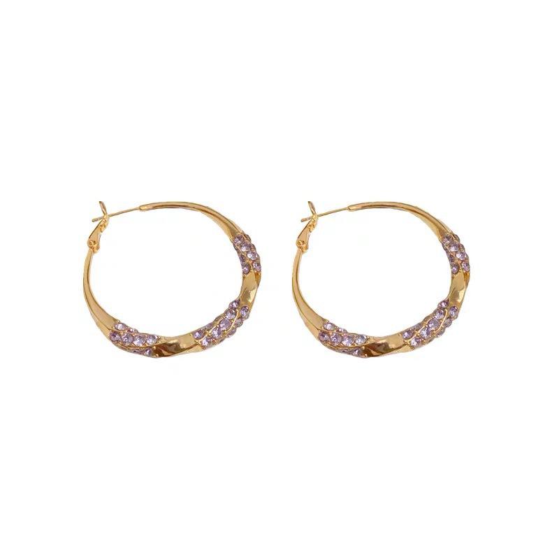 Elegant Purple Diamond Hoop Earrings - Trendy, Exaggerated Fashion for Women, High-End Statement Accessory.