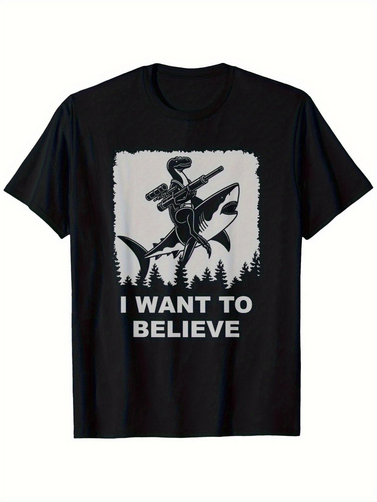 Men s  I Want to Believe  Velociraptor Shark Graphic T-Shirt M