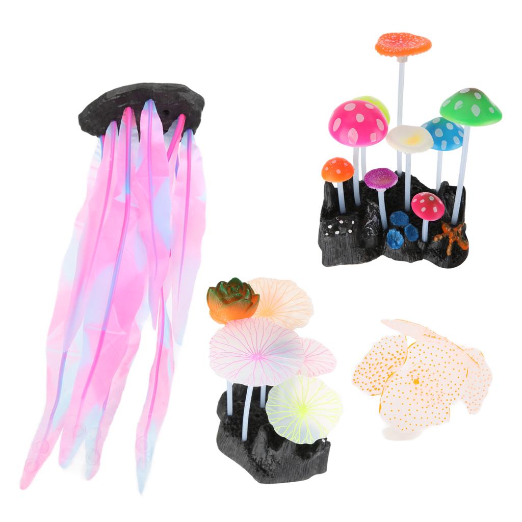 4 Pack Simulation Mushrooms Aquarium Decoration Coral Mushroom Soft Silicone Glow Plant
