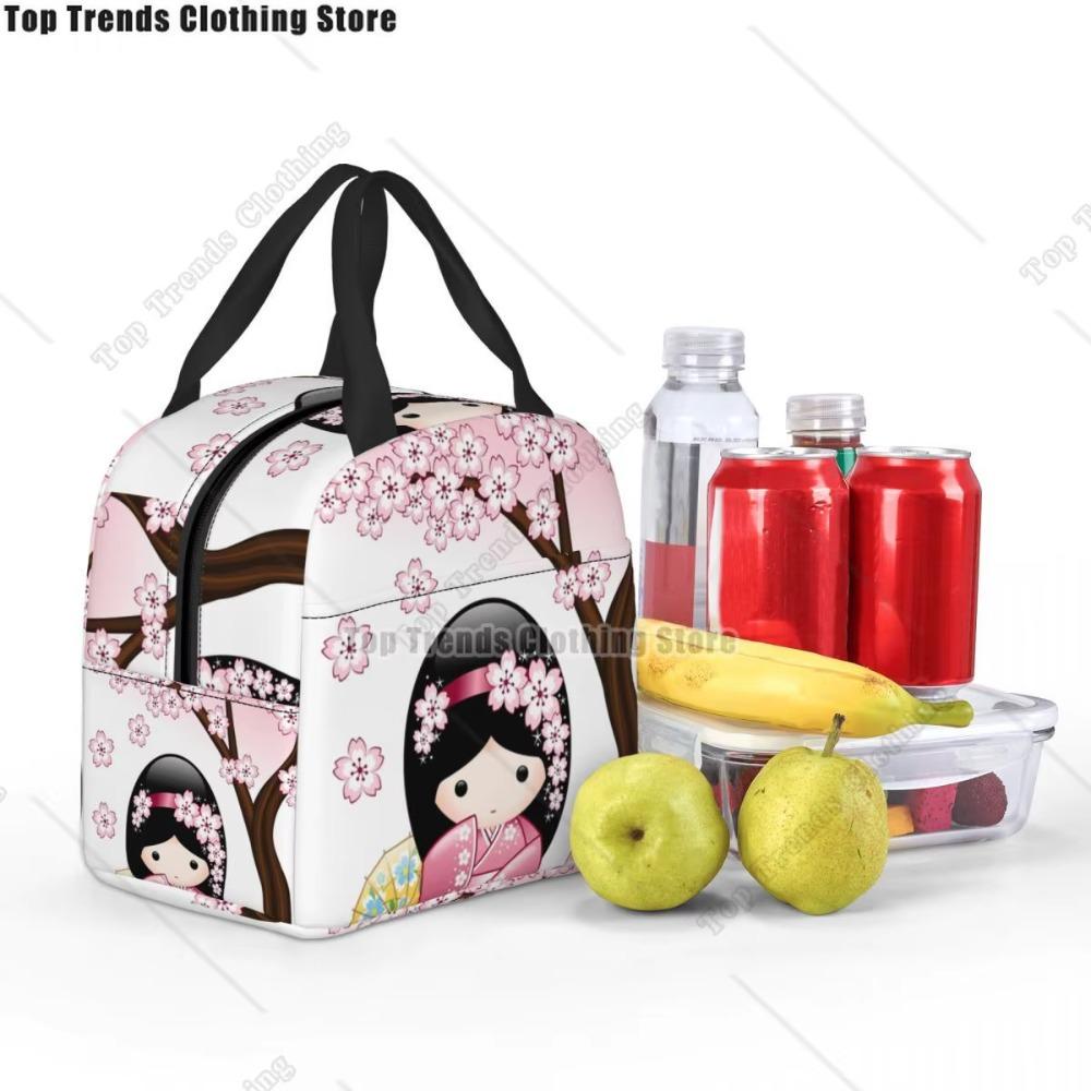 Japanese Spring Kokeshi Doll Insulated Lunch Bags Cute Girly Sakura Cherry Blossom Resuable Thermal Cooler Bento Box