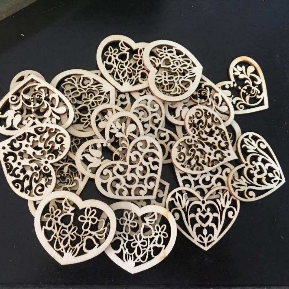 50/100pcs Wood Crafts Hollow Carved Flowers Love Wood Chip Hole Ornaments DIY Jewelry Accessories Home Decoration Pendants