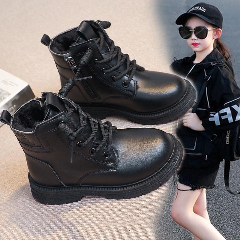 Children's Martin Boots Girls' Black Leather Boots 2025 New Girls' Single Boots Boys' Short Boots Autumn and Winter Velvet Cotton Boots Tide