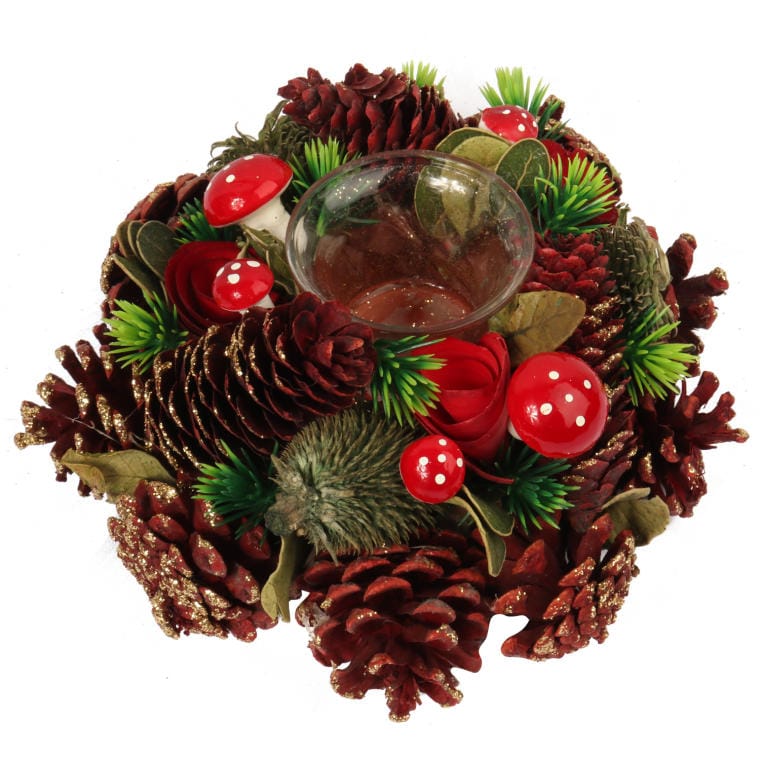 Candlestick-Wreath with Natural Cones and Wood 28 cm with Glass Candle Container