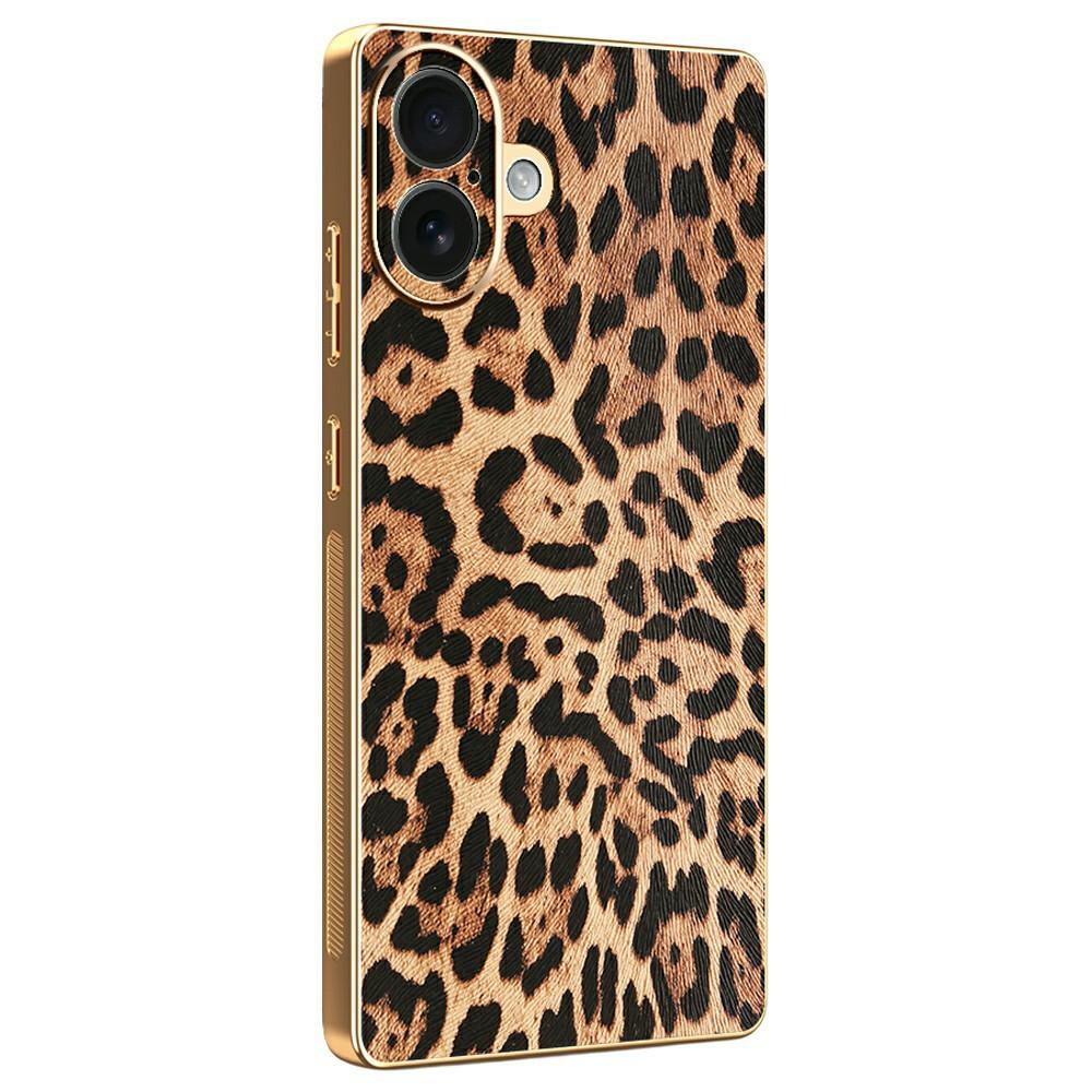 

For iPhone 16 Plus Case Leopard Print PU Leather Coated PC+TPU Electroplating Phone Cover A