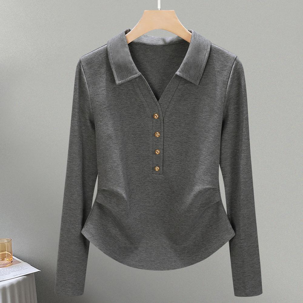 

Cotton t casual polo collar slim and thin long-sleeved women s summer and autumn new pleated bottoming shirt top M