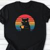 Funny Black Cat TShirt Retro Sunset Coffee Design Womens Casual Short Sleeves Minimalist Cute Cat Shirt for Daily Wear