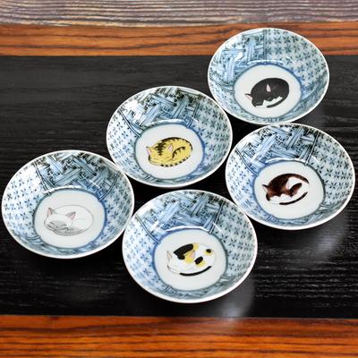 Waza No Kura Stylish Tableware, Kutani Ware Small Bowls, Set of 5, Sleeping Cat Design, Ceramic, High-End Brand, Japanese Tableware, Traditional Japan