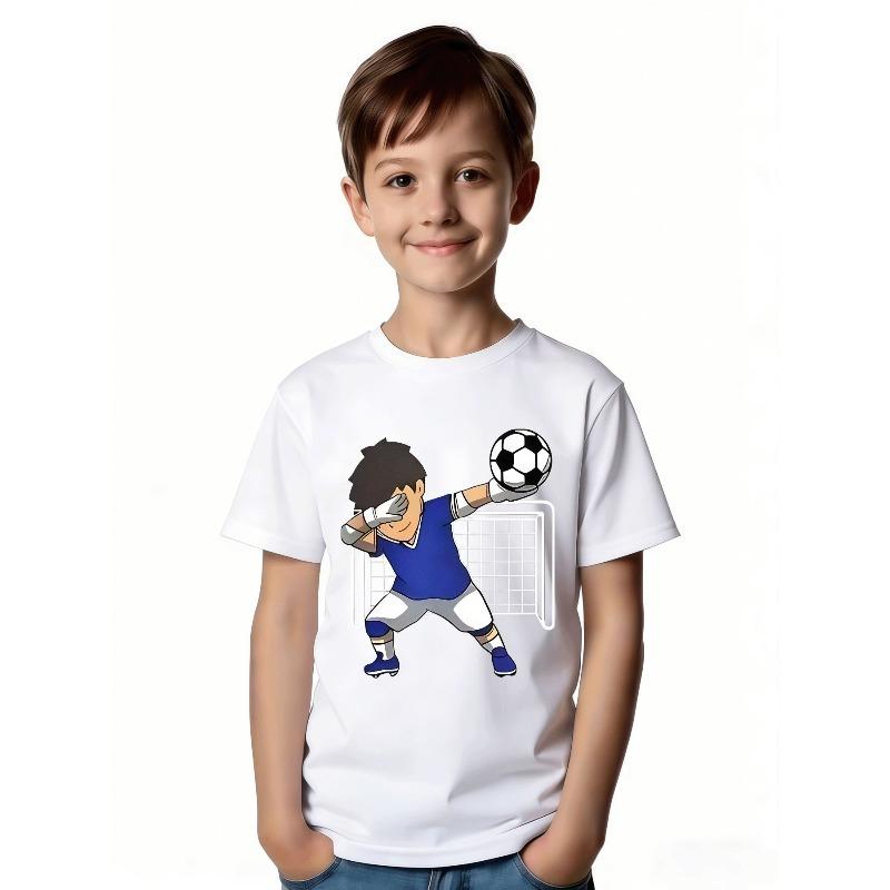 European sizes Cute Cartoon Style Boys And Girls Soccer Goalkeeper T-Shirt - Blue V-Neck Short Sleeves, Fun Pattern Design