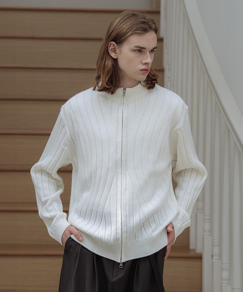 Dekkoloso Wave Pattern Two-Way Knit Zip-Up [Ivory]