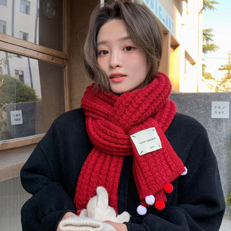 New knitted hairball red scarf women's winter versatile neck protection scarf cute and advanced sense