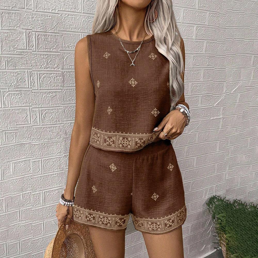 2026 Summer new fashion print beach vacation high waist wide leg pants sleeveless top suit women