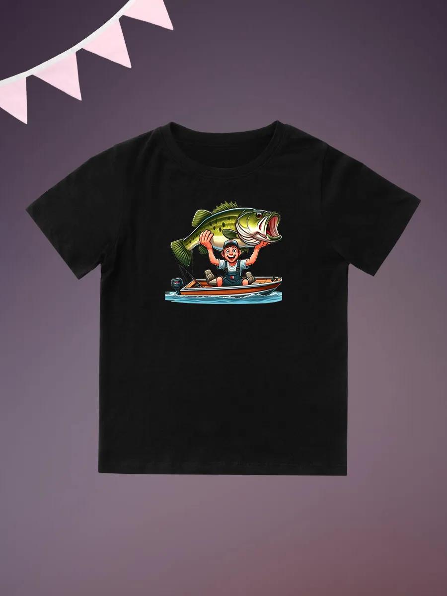 Round Neck Printed Pattern Pullover Short Sleeve Kids Tops Fishing 130