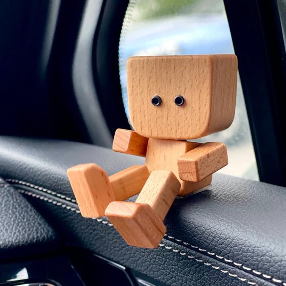 Shaking Wooden Man Figure,Charming Small Wooden Figure Swinging With 12 Magnetic Expressions,Handmade Action Figure As Car Ornament,Funny Shaking