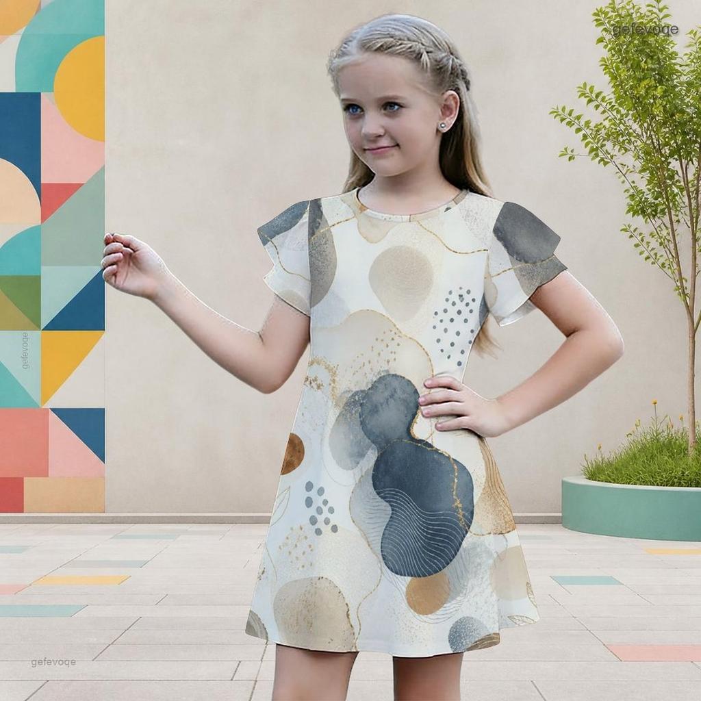 Girls Geometric Printed Round Neck Flutter Sleeve A Line Flared Dress