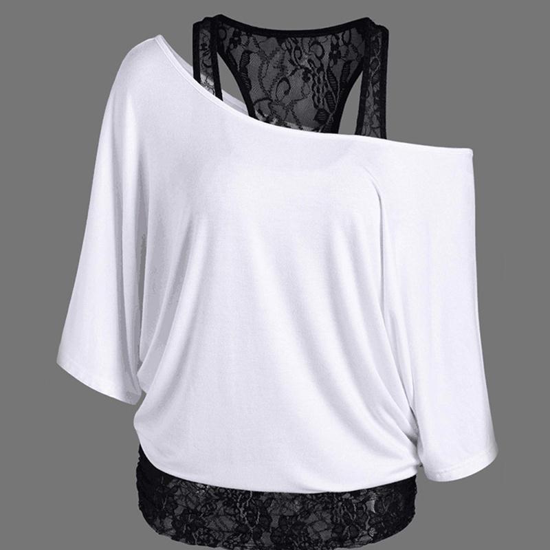 Gilet ample de grande taille pour femmes, couture en dentelle, col Oblique, manches chauve-souris, T-shirt Imitation, à la mode