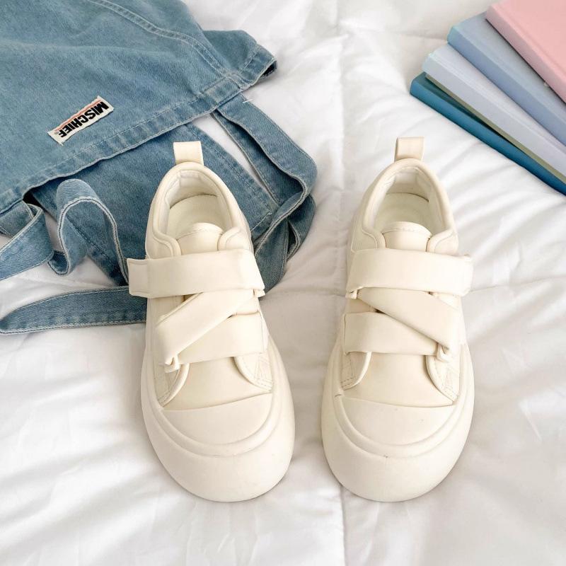 Milk White Velcro Thick-soled Little White Shoes Women's Skirt Versatile Popular Big Head Board Shoes Round Head Ugly Cute Bread Shoes