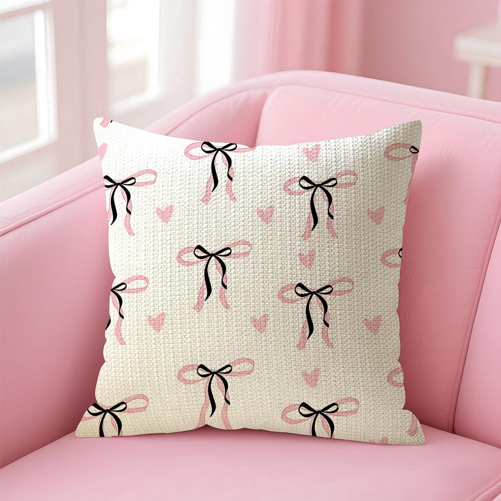 Pink Bow INS Cushion Cover Natural Linen Pillow Case DoubleSided Print Decorative Sofa Pillowcase Home Decor Gift