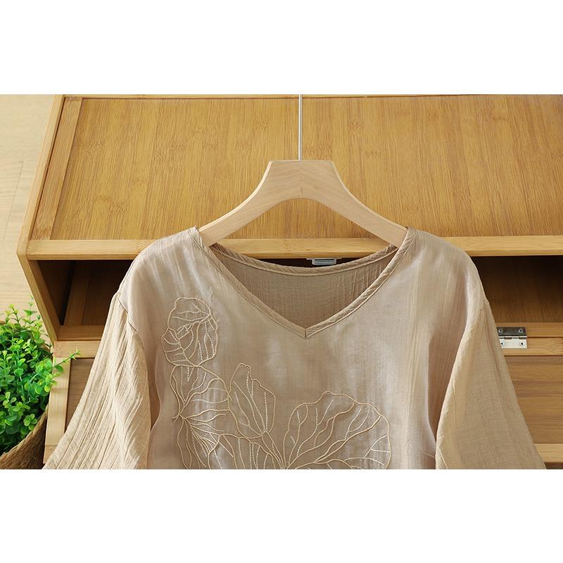 DIMANAF 2026 Women Plus Size New Summer Blouse Shirt Short Sleeve Casual Loose Lady Tops Shirts Linen Embroidery