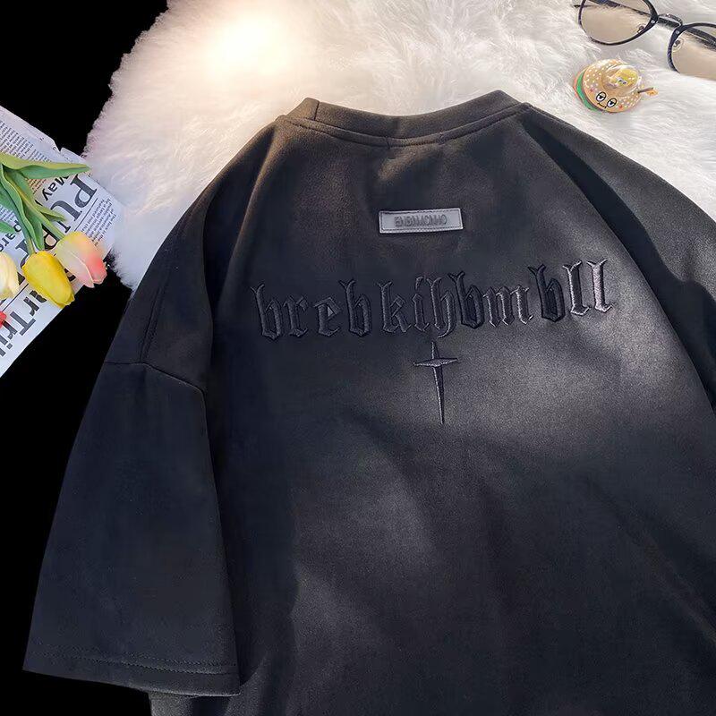 

Весенне-летняя корейская и японская ретро замшевая вышитая мужская модная футболка с рукавом 5/8 - Парный стиль L чёрный