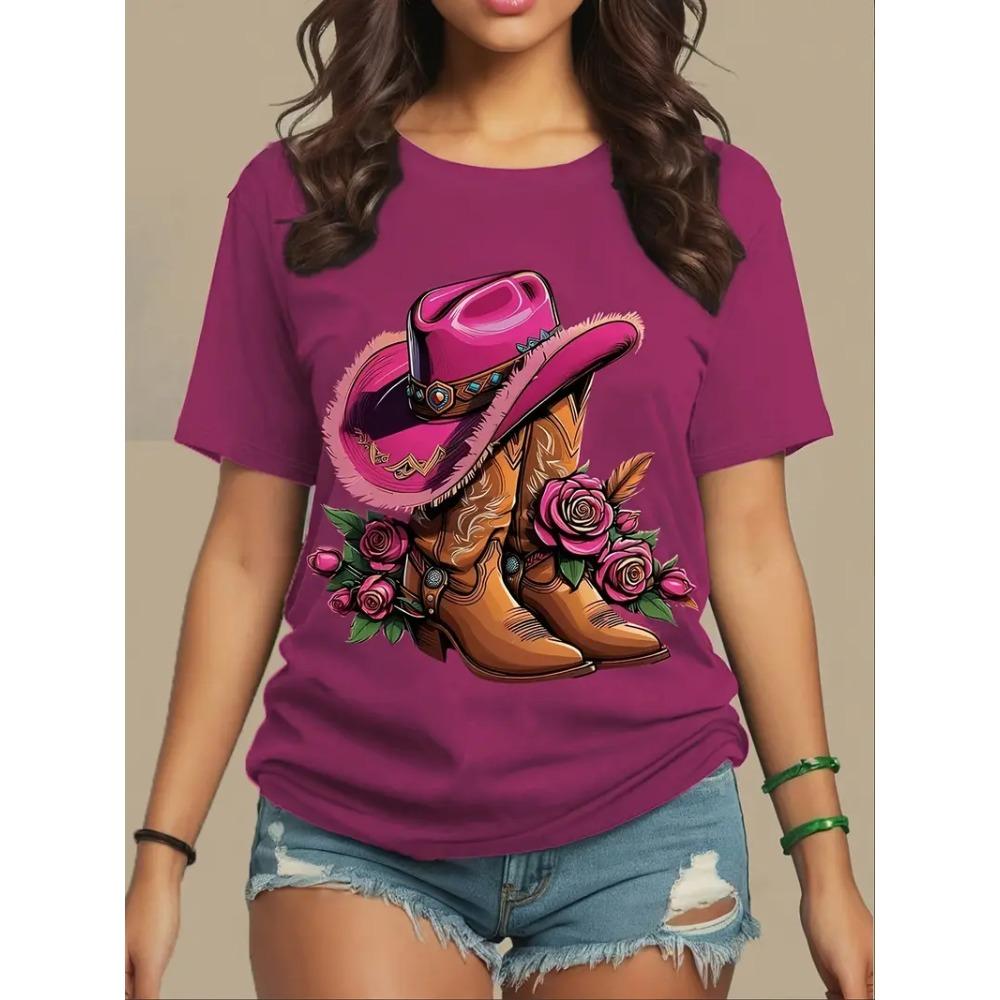 

Western cowboy hat and boots pattern printing women s T-shirt fashion casual short-sleeved daily round neck top M