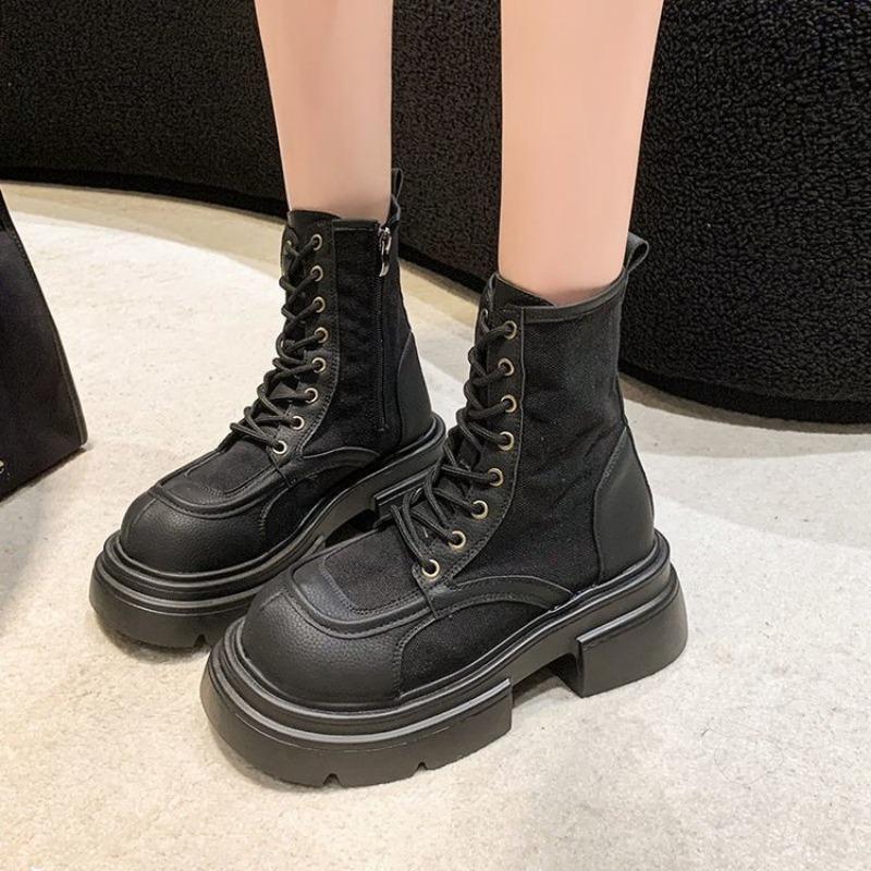 

Frosted leather women s autumn new thick heel short boots retro platform Martin boots 35 чёрный