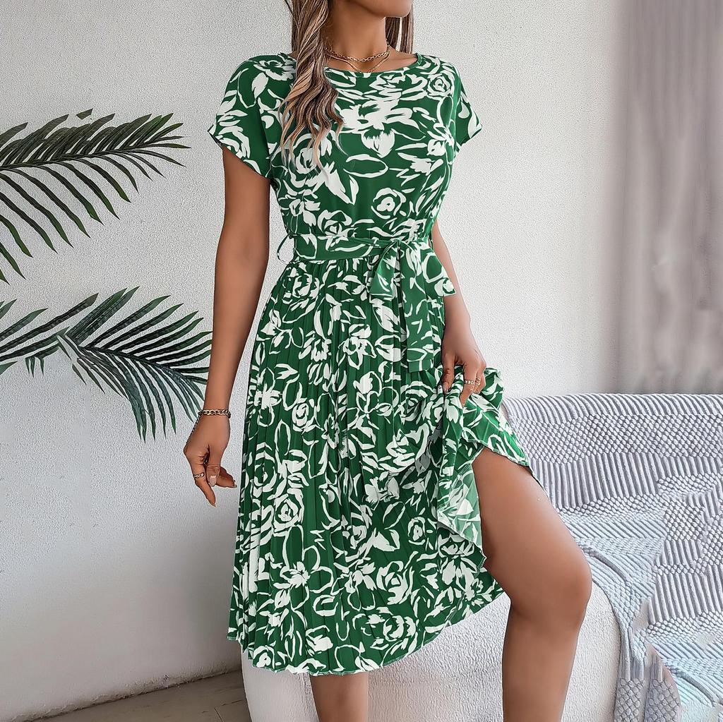 Fashion Spring Summer Women Short Sleeve Floral Pleated High Waist A Line Long Dress Colorful Soft Comfortable Casual Women's Ourdoor