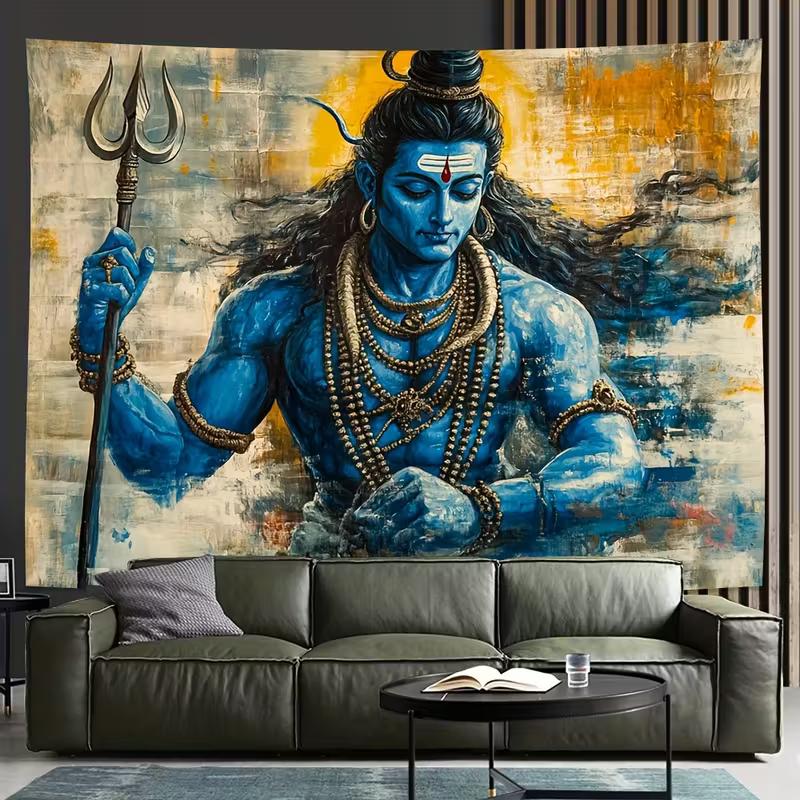 2D Abstraktní Hinduistický Bůh Šiva Gobelín Trishul Malba Závěs na Zeď