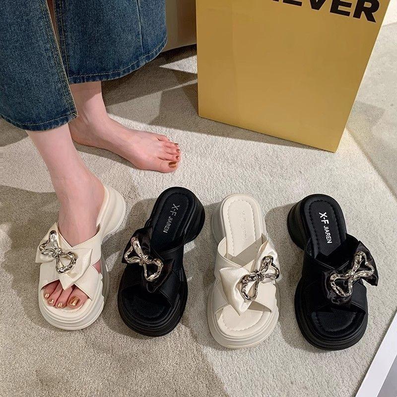 Summer fashion bow thick-soled heightened one-word slippers wear exquisite girls casual sandals