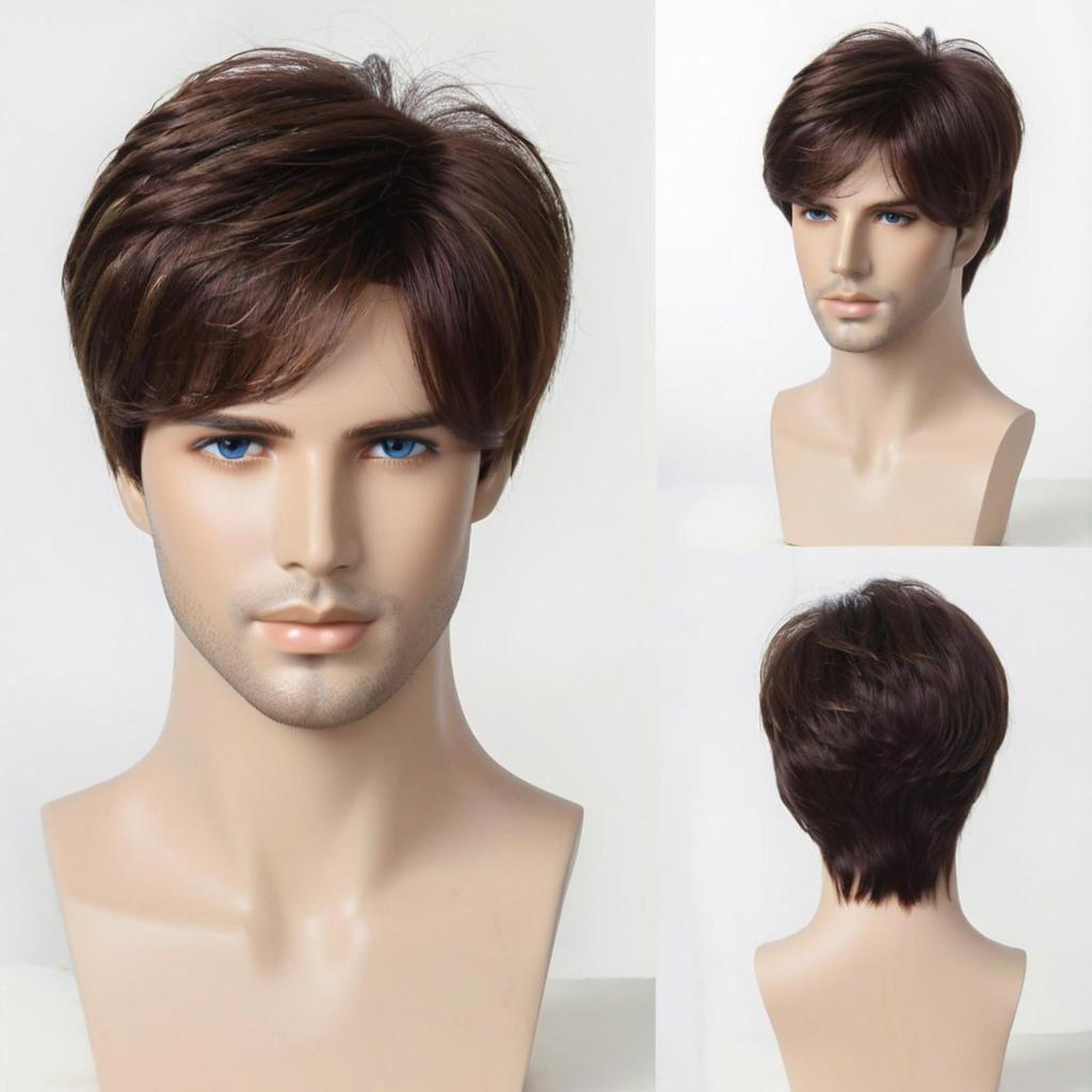 Peluca Sintética Corta Recta Marrón, Peluca en Capas para Hombre con Flequillo Lateral para Uso Diario