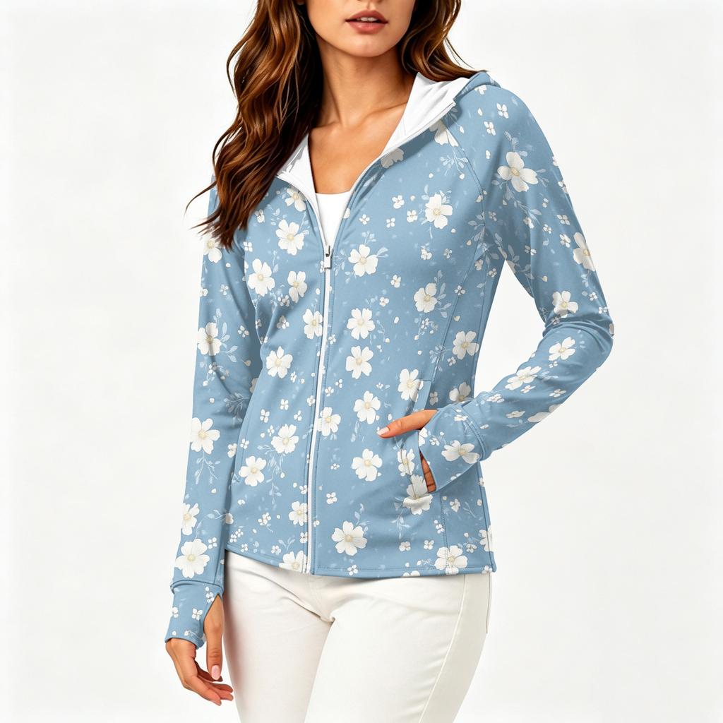Sudadera con capucha ligera para mujer con cremallera, manga larga, capucha y bolsillos, estampado floral, ropa exterior con protección solar
