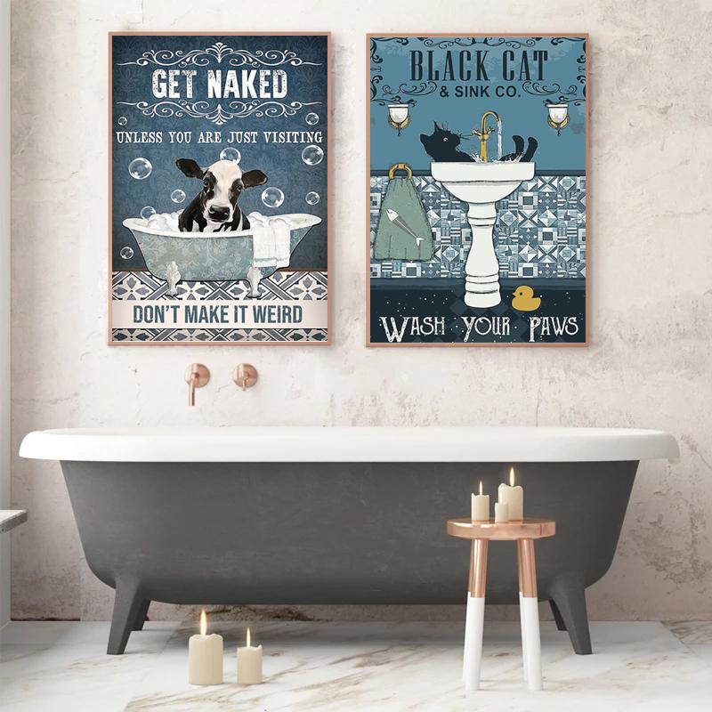 Cute Animals Canvas Painting Black Cat Get Naked Poster Shark Rabbit Raccoon Print Toilet Wall Art Picture Bathroom Home Decor