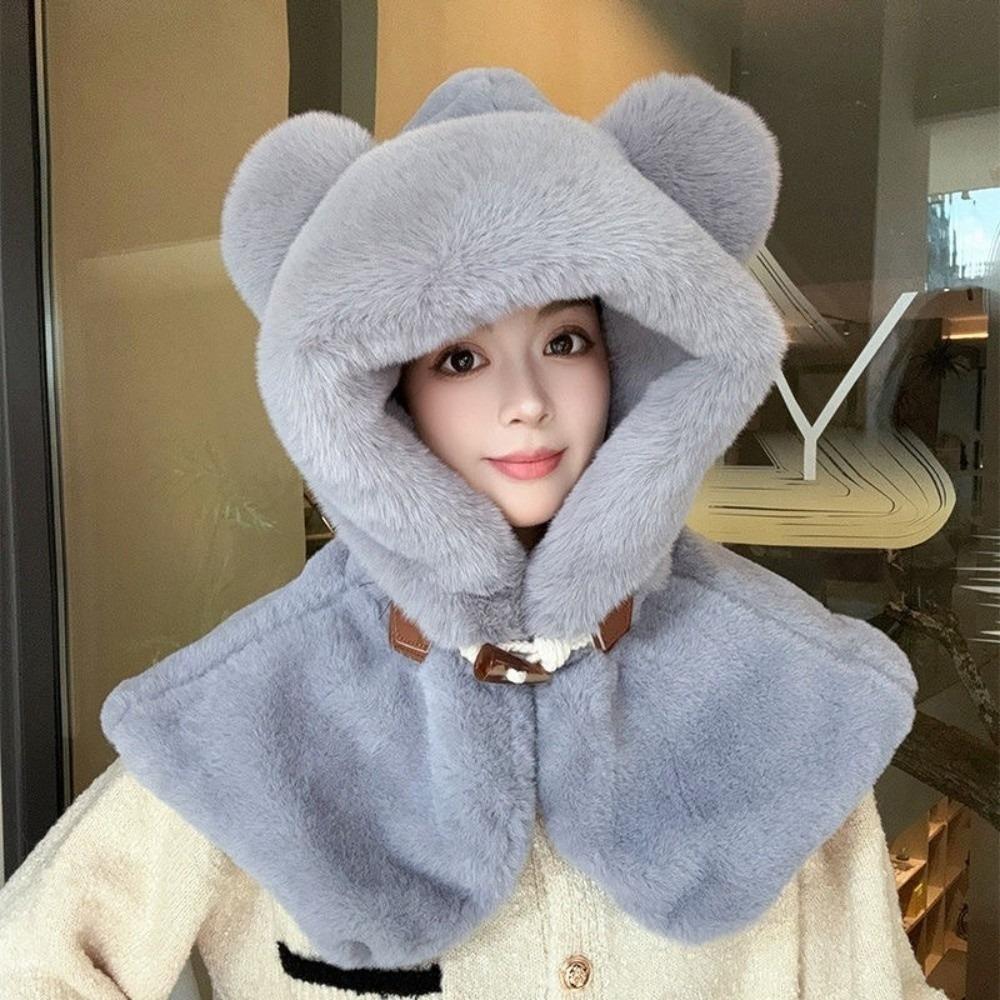 

New Cute Bear Integrated Hat Scarf Set Fluffy Fur Windproof Pullover Cap Warm Coldproof Neck Warmer Outdoor Sports