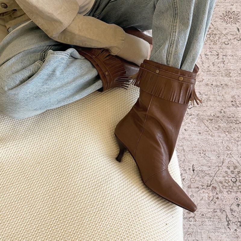 Boots stacked boots new retro stiletto mid-tube women's boots fringed stiletto versatile fashion autumn and winter fashion boots