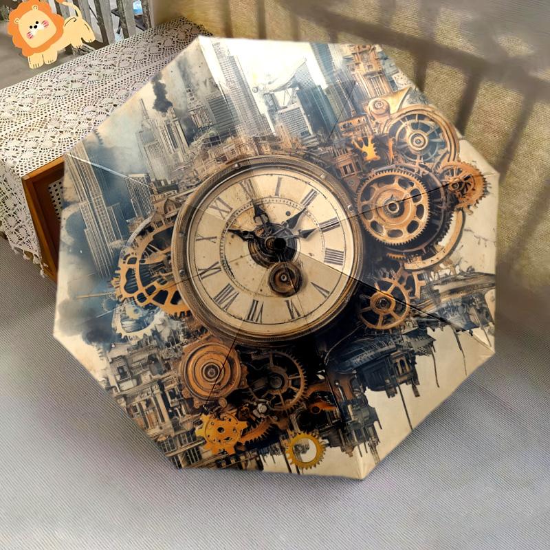 Steampunk  pattern, automatic folding umbrella, portable and foldable design, 8 ribs, a Christmas or birthday gift.