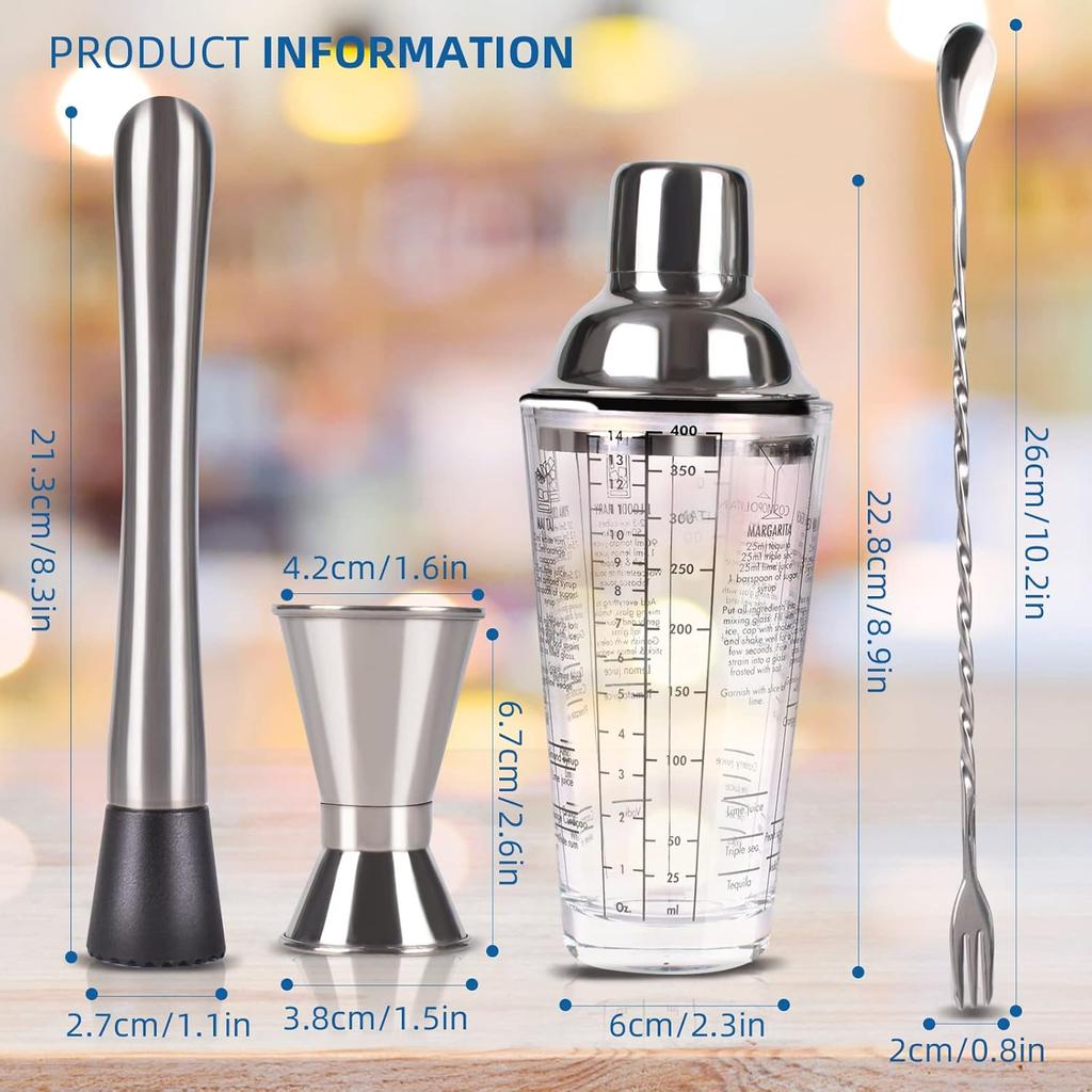 Cocktail Shaker Set14 Oz Glass Mixing Cup With Measurements Stainless Steel Martini Mixer Muddler Jigger Spoon 4 Piece Bar Tool Kit