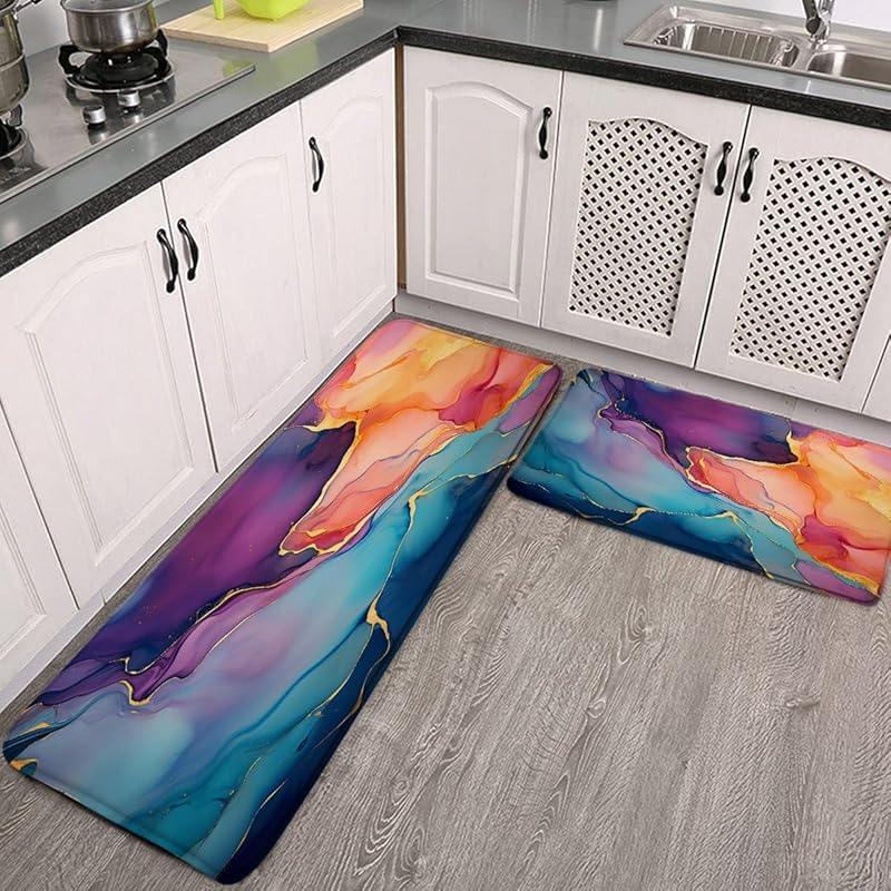

2 Pieces Kitchen Rugs Set Purple Blue Orange Marble Bath Mat Abstract Modern Art Ink Texture Stone Fashion Bathroom Rugs Indoor Corridor Decor 16x24Inch+17.8x29.5Inch