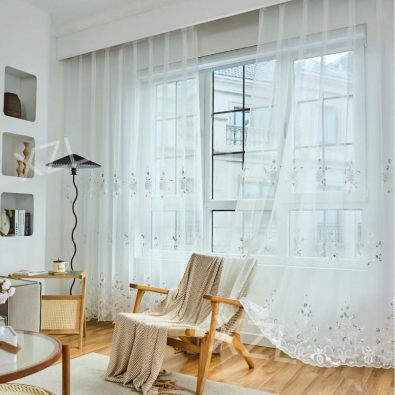 Sheer Embroidered Curtain Panel With Sequins Living Room Bedroom North European Style Light Filtering