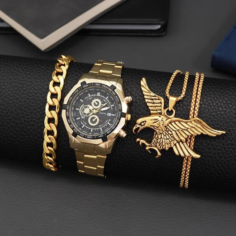 Men'S Steel Strap Watch Men'S Jewelry Set Fashion Three-Eye Calendar Quartz Watch Trend Eagle Pendant Necklace Bracelet