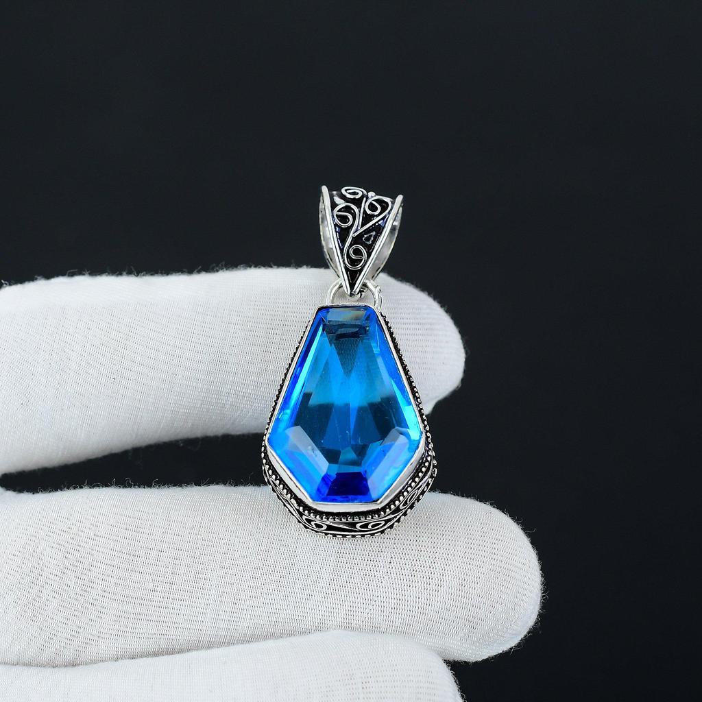 Coffin Shape Swiss Blue Topaz Pendant, 925 Sterling Silver Pendant, Handmade Pendant, Coffin Gemstone Jewelry, Silver Jewelry For Women Gift