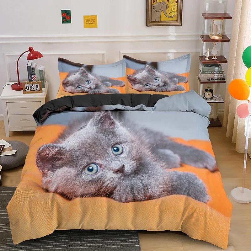 3D Katze Bettwäscheset Luxus Tier Bettbezug mit Kissenbezug Queen King Einzel Doppelgröße für Mädchen Junge Polyester Steppdecke