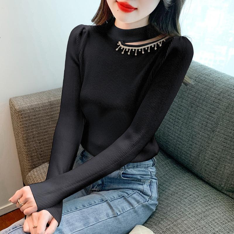 

Осенне-зимний женский трикотаж, простой внутренний свитер с подвесным воротником, тяжелый свитер с бисером, дизайнерская рубашка с длинными рукавами, топы с длинными рукавами One Size чёрный